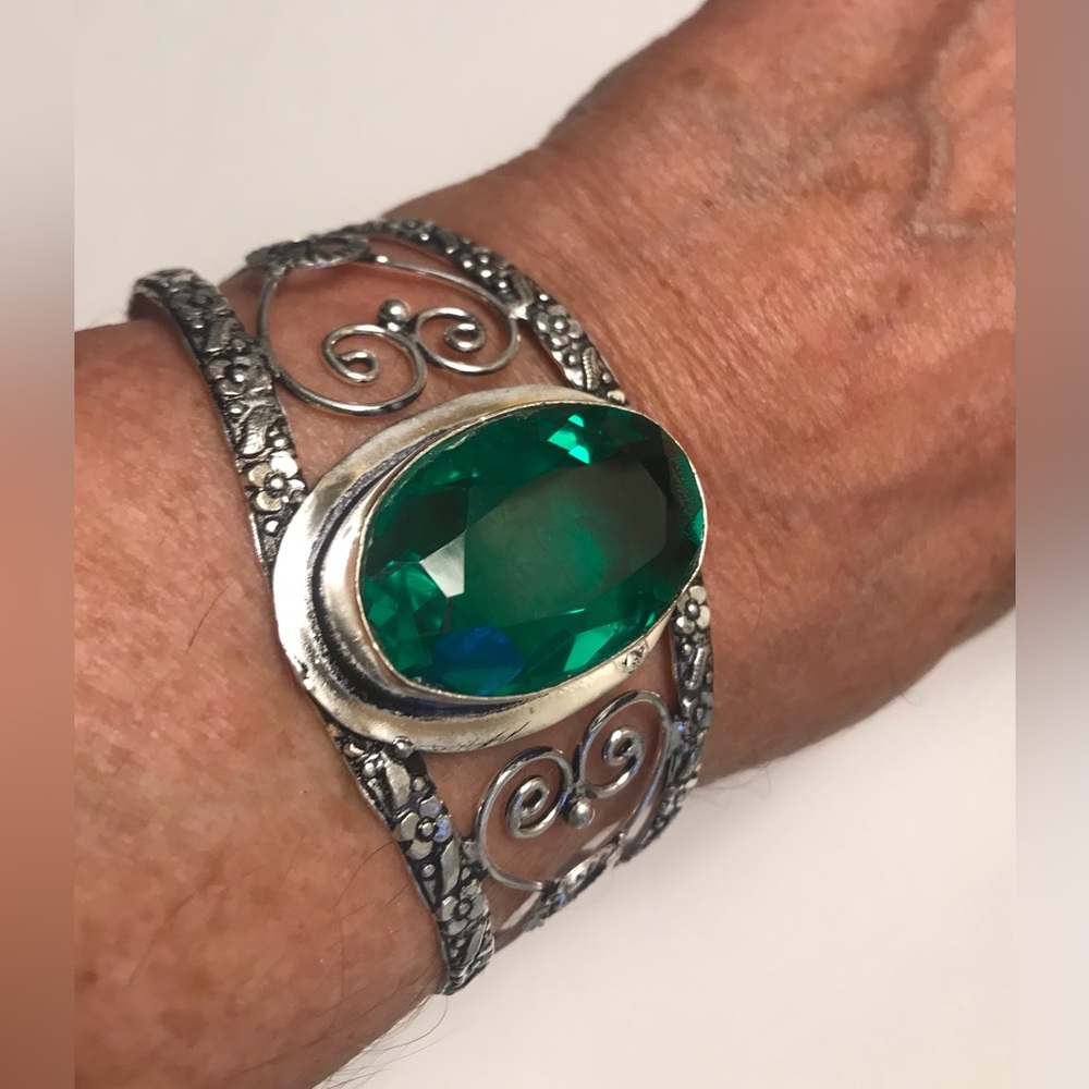 Tsavorite Stamped 925 Sterling Silver Cuff Bracelet